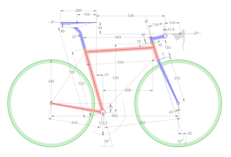 Disegno tecnico e quote di posizionamento del telaio in funzione del Bike Fitting a Padova